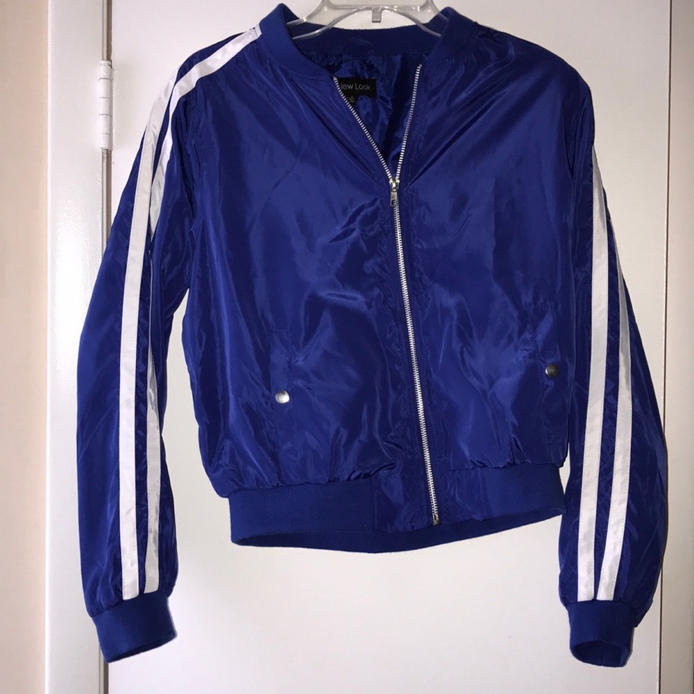 Blue with white stripes wind breaker jacket.